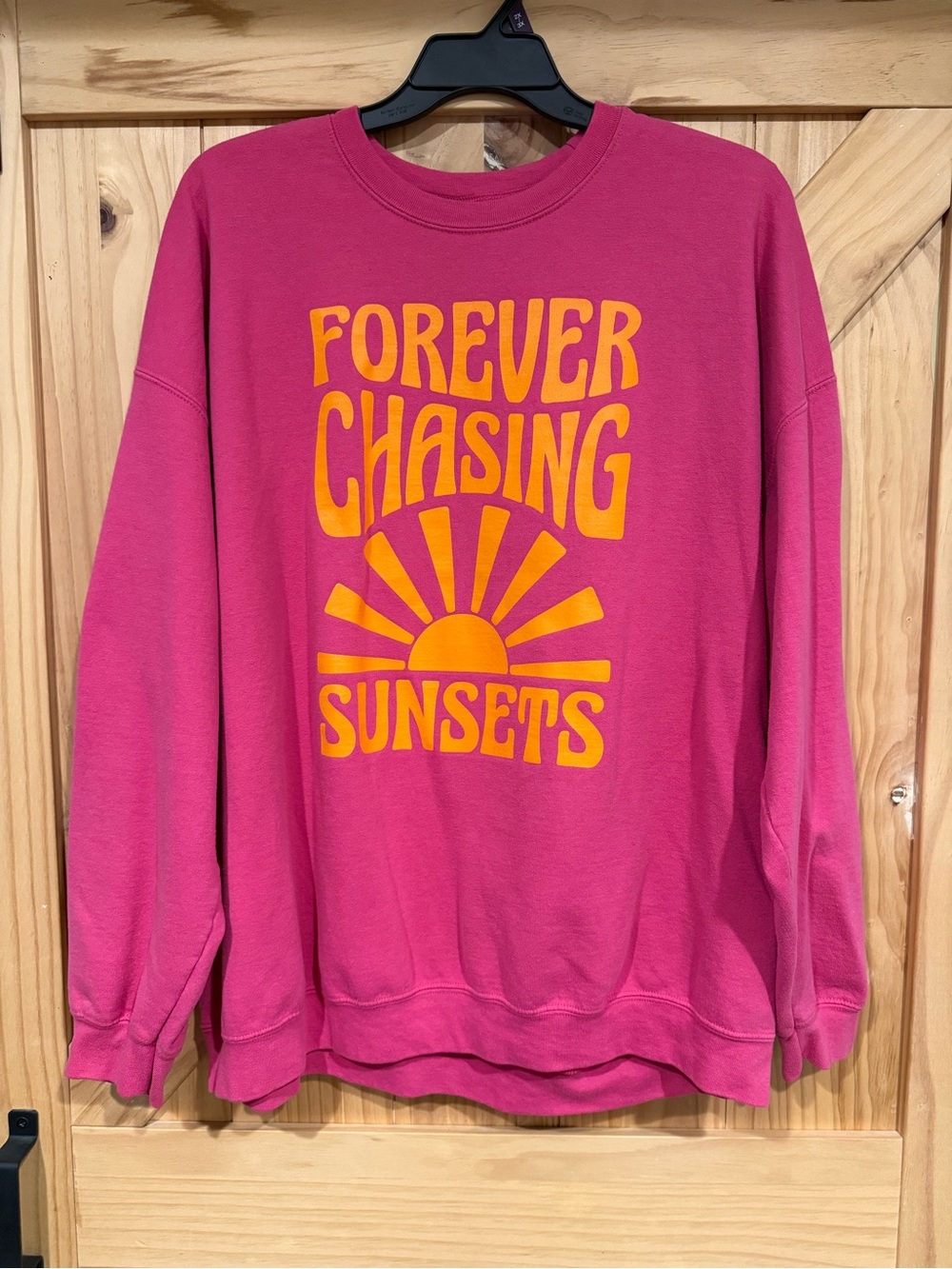 Pink Lily Fuchsia Crewneck with Bold Orange Sunrise Graphic